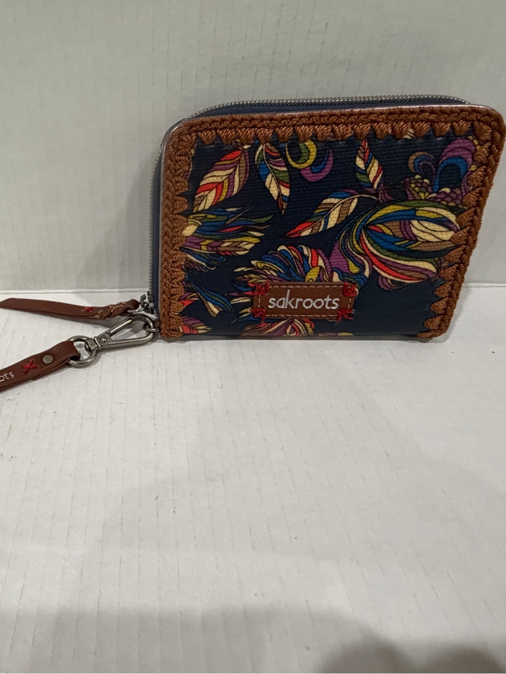 Sakroots Brown Leather Floral Zip Wristlet Keychain